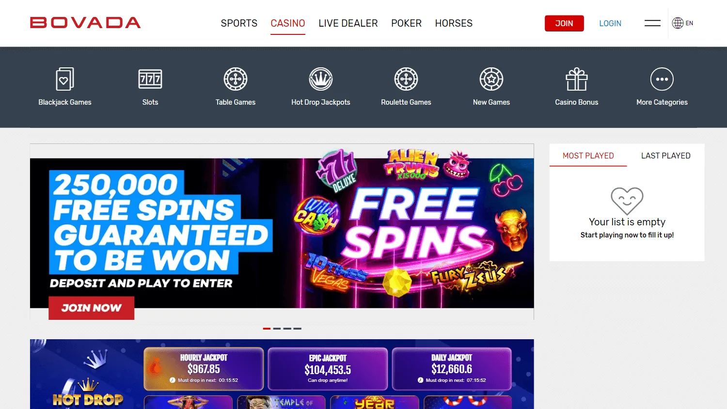 Bovada Casino desktop games interface with slots and casino categories
