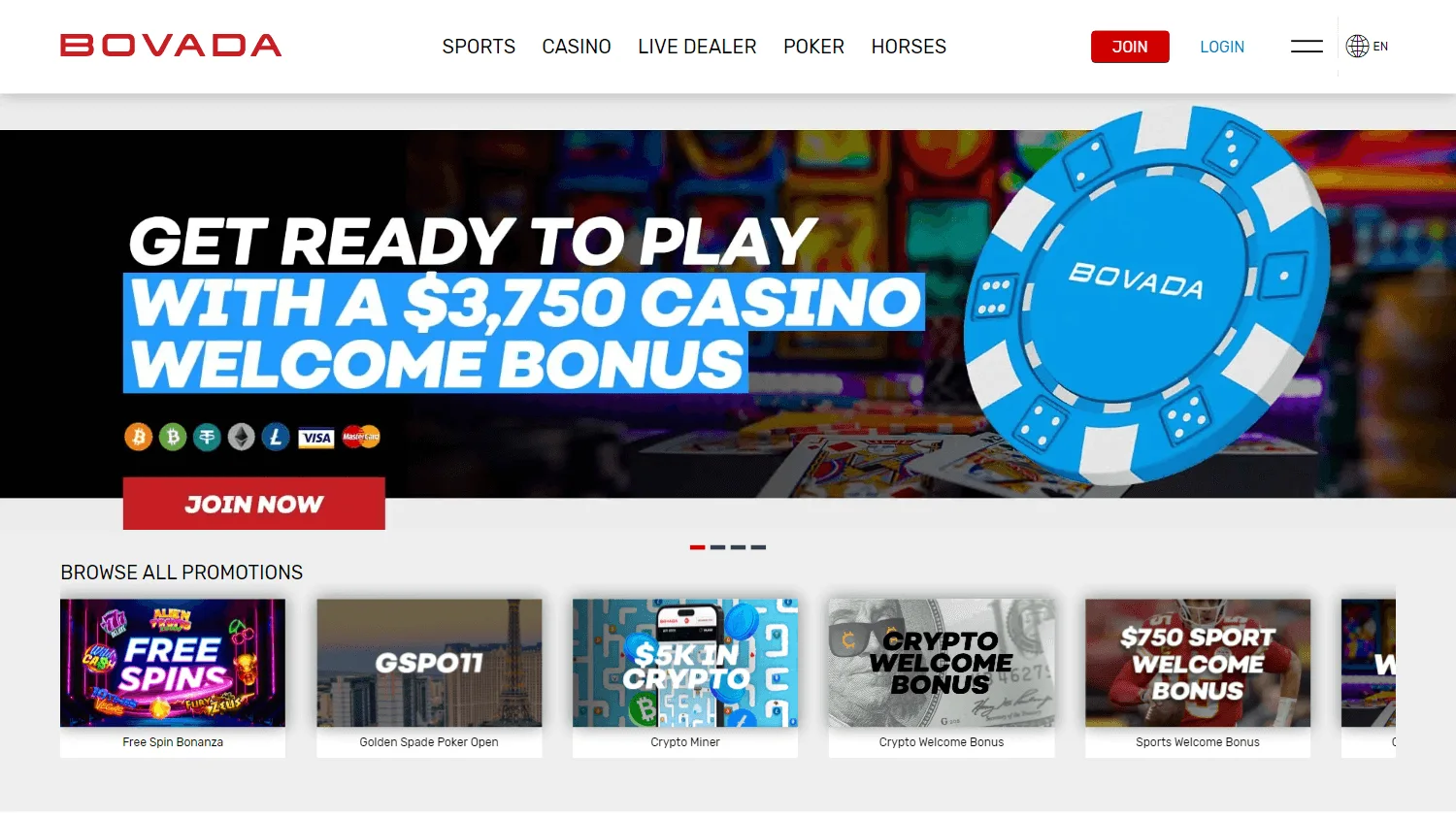 Bovada Casino desktop promotions interface with casino, sports and poker offers