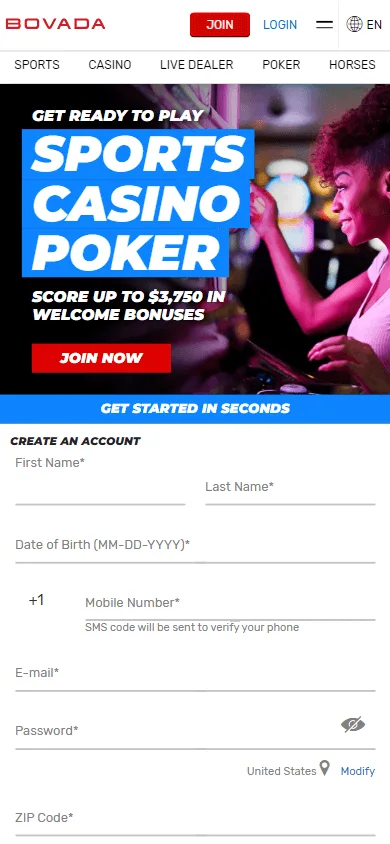 Bovada Casino mobile browser home interface