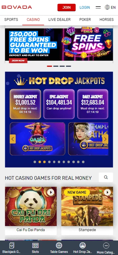 Bovada Casino mobile browser games interface with casino choices